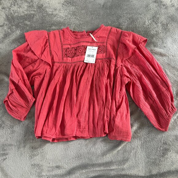 NWT Free People Laura Cotton Ruffled Top Red Berry Women's XS Peasant Boho - Picture 1 of 7